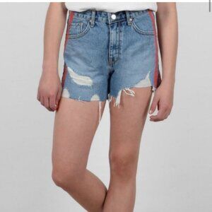 Lili Sidonio Molly Bracken High Waist Jean Shorts Red Stripe Distress Pockets M